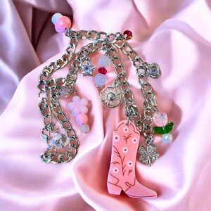 Pink and Silver Toned Floral design Cowgirl Boot Charm Necklace